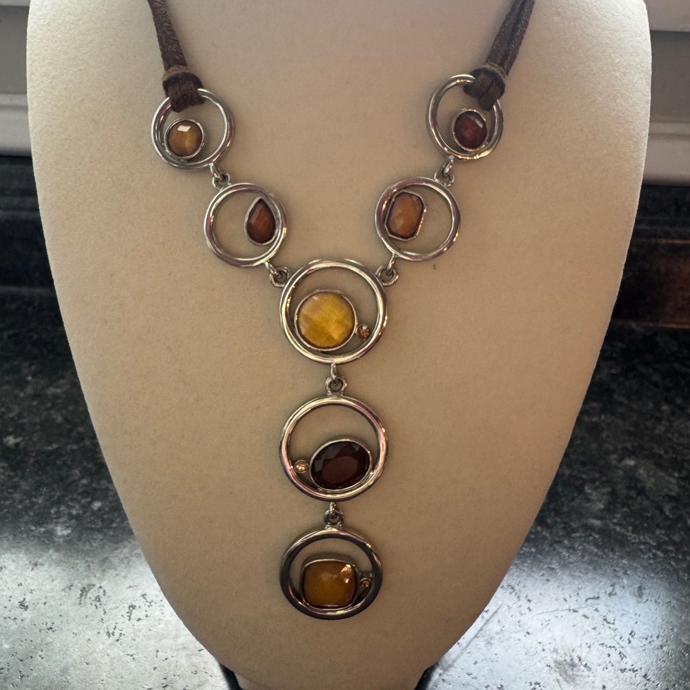 Lia Sophia Silver Tone Amber Brown Resin Circle Y-Drop Suede Cord Necklace